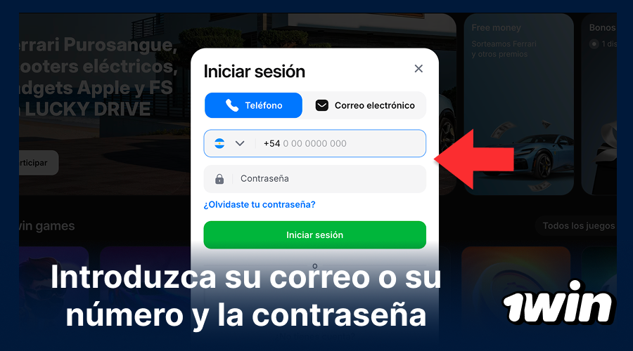 Ingreso de credenciales de usuario en 1win