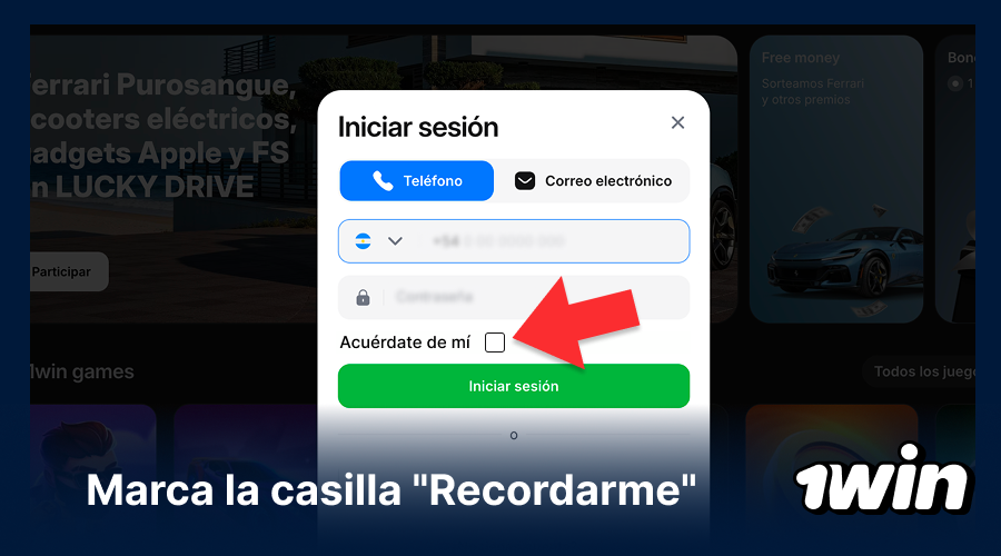 Opción para recordar datos de usuario en 1win