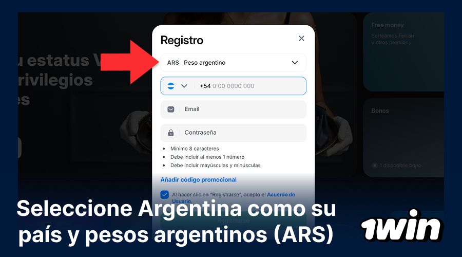 Selección de moneda y país en 1win
