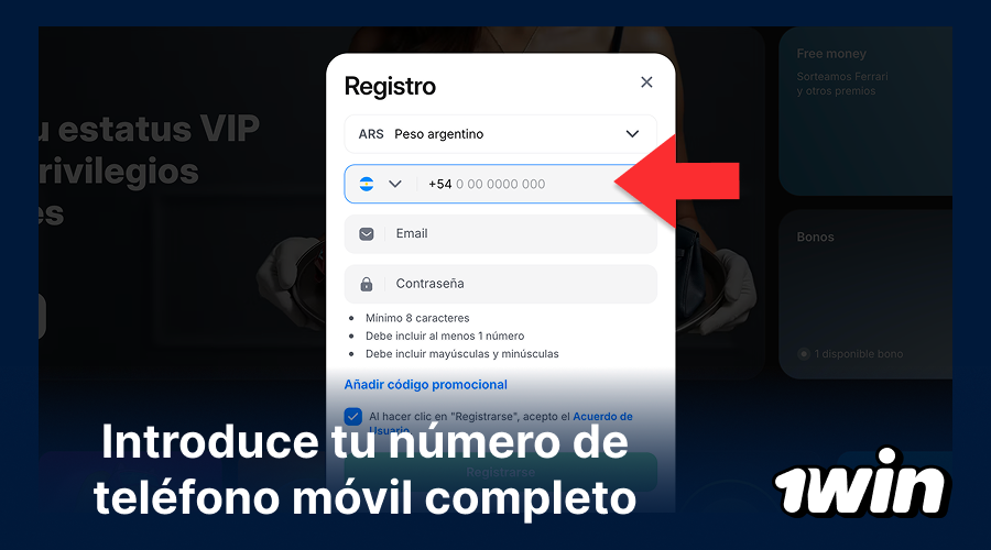 Ingreso del número móvil en 1win