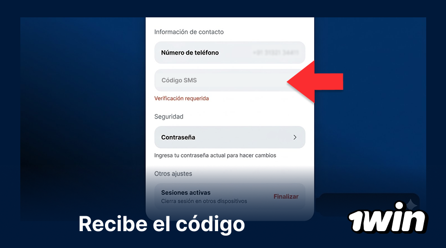 Recepción de código SMS en 1win