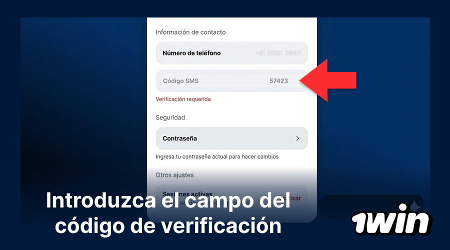 Validación del código SMS en 1win
